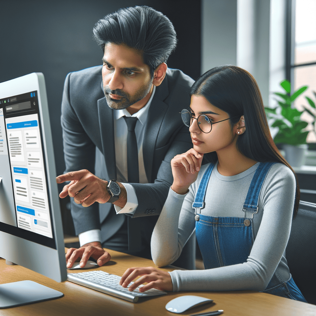A professional SEO expert guiding a beginner through the Moz interface, highlighting key features and tools for SEO beginners in a step-by-step tutorial.