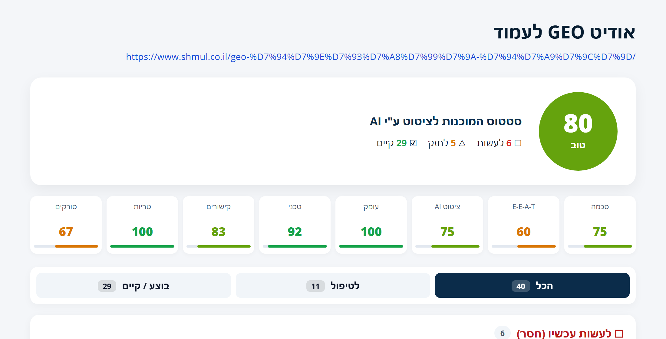 דוגמה לדוח האודיט של סקיל GEO, ציון 80 מתוך 100, פירוט קטגוריות (סכמה, EEAT, ציטוט AI, עומק, טכני, קישורים, טריות, סורקים), וטאבים לסינון 40 הבדיקות